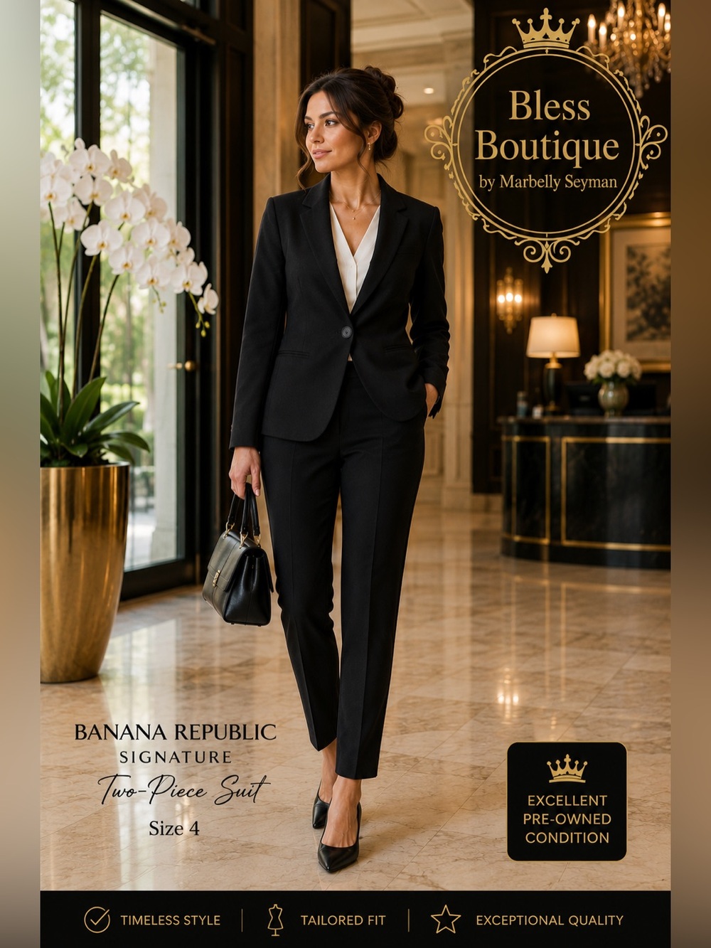 Banana Republic Signature Black 2-Piece Blazer Pants Suit Size 4